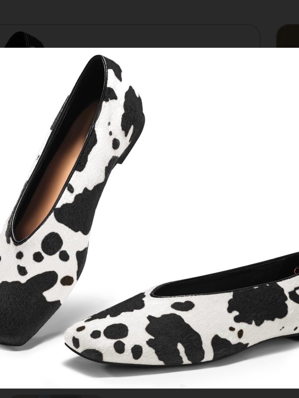 Cow-Print Black & White Square-Toe Ballet Flats